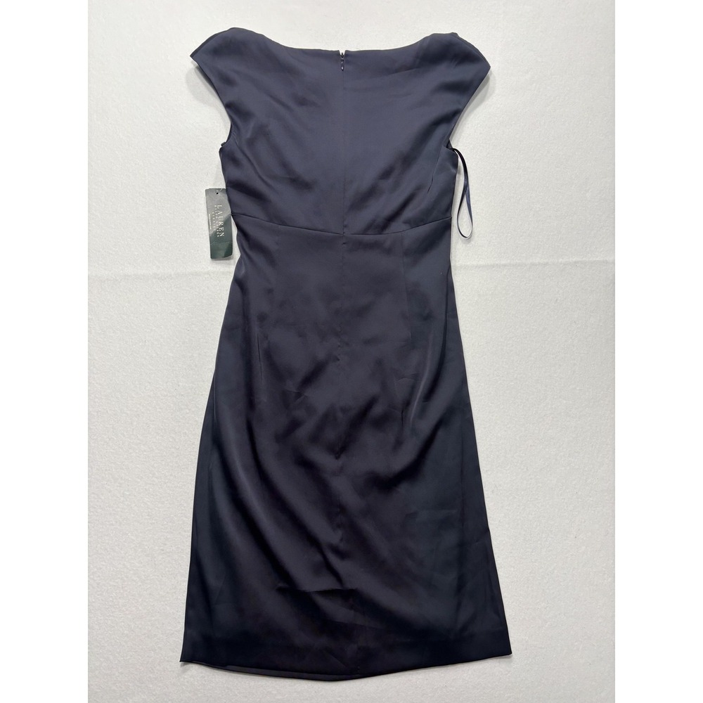 Lauren Ralph Lauren Evening Dress Womens 8 Blue Ruched Satin Sheath Knee Length - Picture 8 of 11